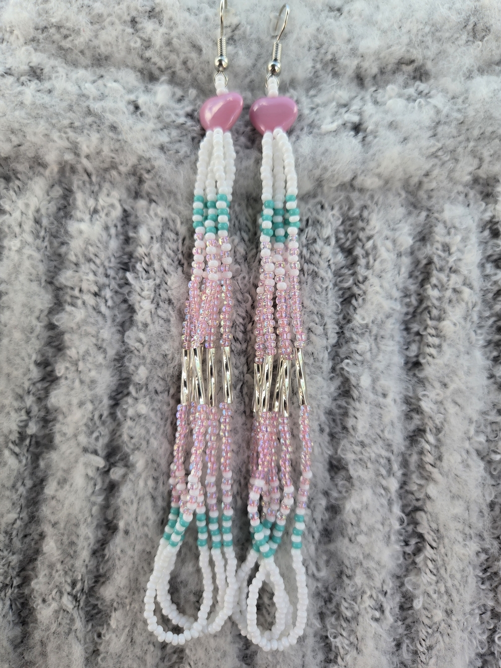 Long Pink & Turquoise Seed Bead Fringe Earrings
